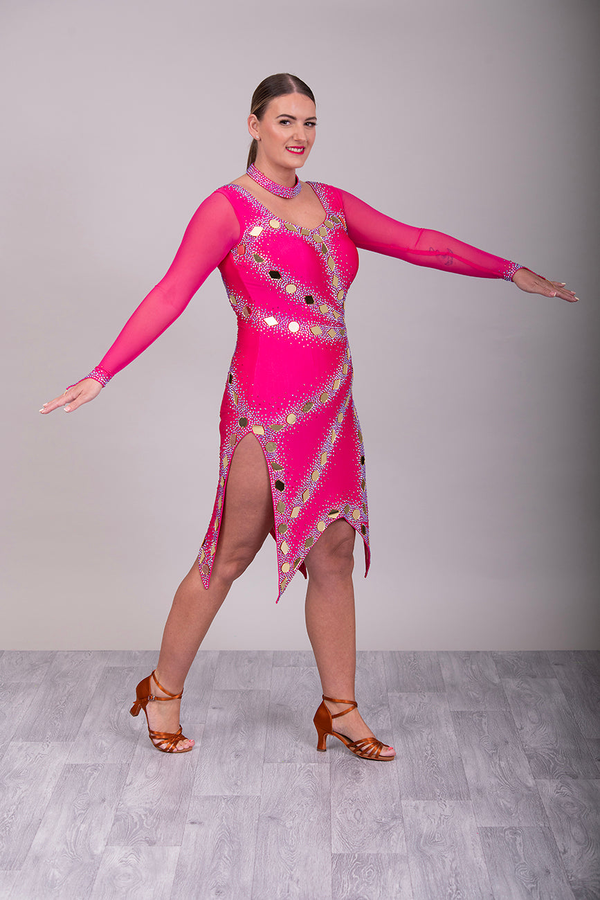 159 Cerise Latin Dance Dress decorated with Gold mirrors and Fuschia ab stones