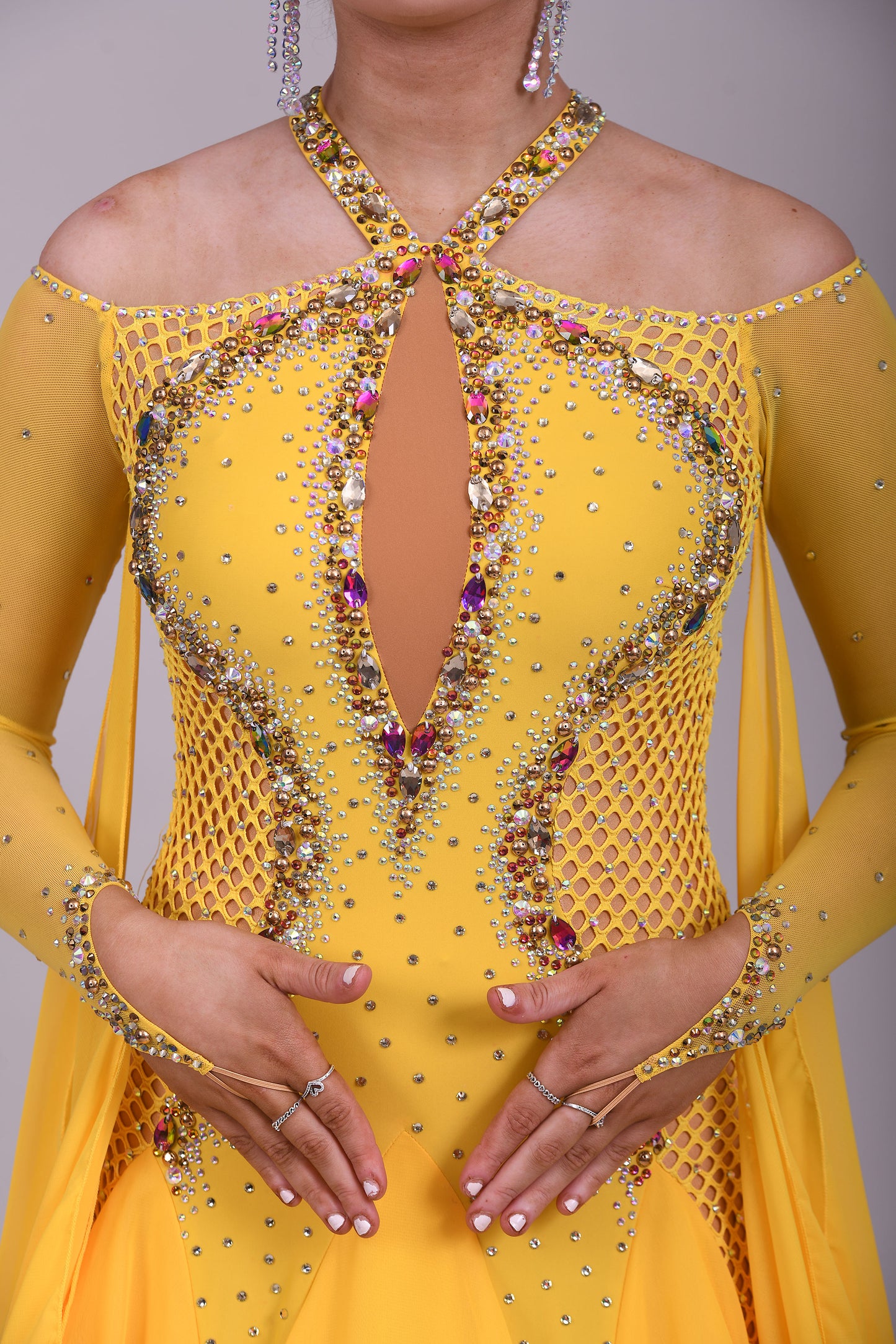 223 Yellow Fishnet Panel Dress halter neck style Ballroom Dress. Cold shoulder sleeves with high back.