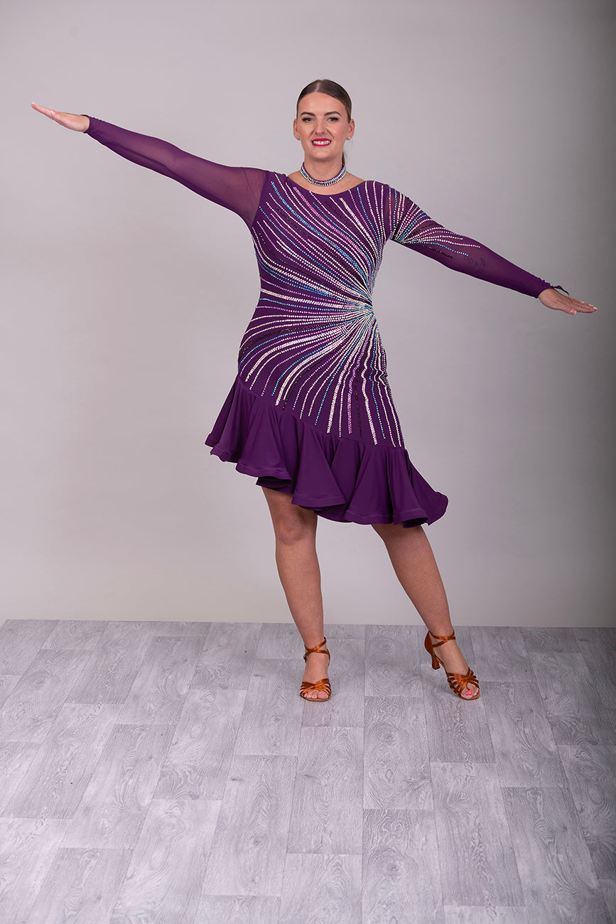 171 Stand Out Striking Plum Latin Dance Dress. Heavily stoned in AB, plum AB & Light aquamarine. Very full frill giving maximum movement. High back giving option to wear own bra.