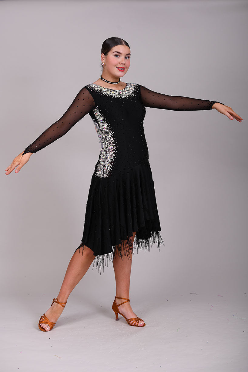 230 Black Latin dress. Stoning in AB to the sides back and back detailing. Fringe & stone detail to the handkerchief skirt