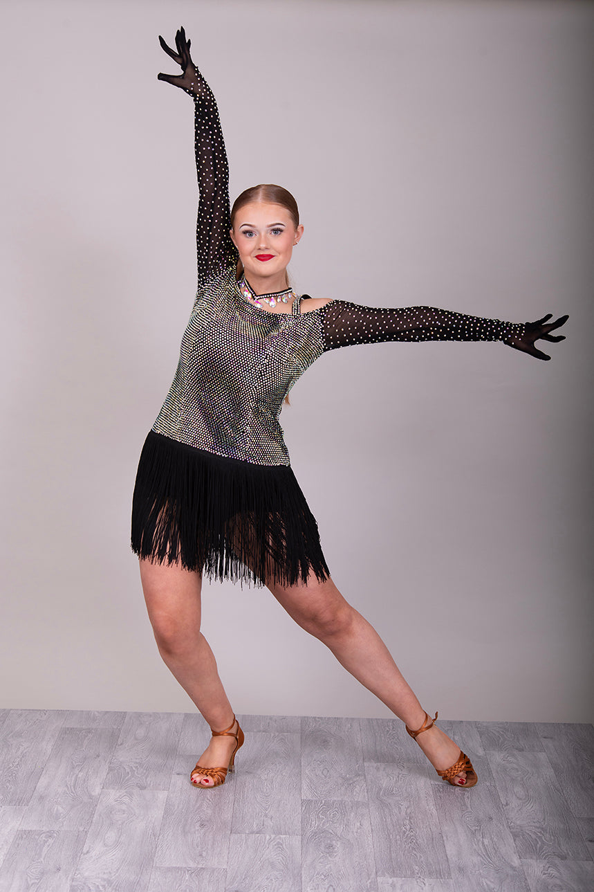 250 Black fringed skirt Latin dress. Solid AB stoning to bodice with cold shoulder black mesh stoned fingered sleeves