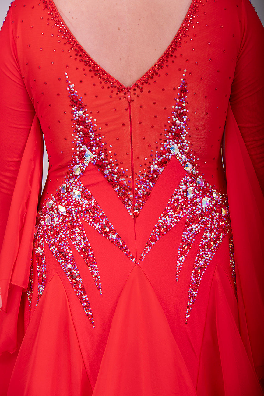 01150A Red Competition Ballroom Dance Dress. Stoned in Siam, Siam AB & AB. Detachable Floats