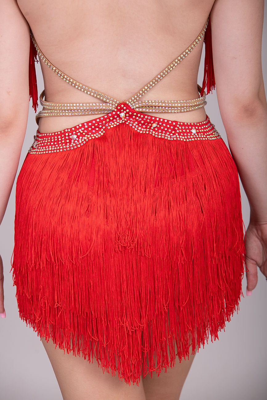 (BUDGET)17 Red Latin Competition Dance Dress.Full Fringed Skirts with shoulder & waist detailing.2 Bangles included.                                     *****Our New Budget Range are Bought in ready made Costumes, with some detail added by TWDance*****