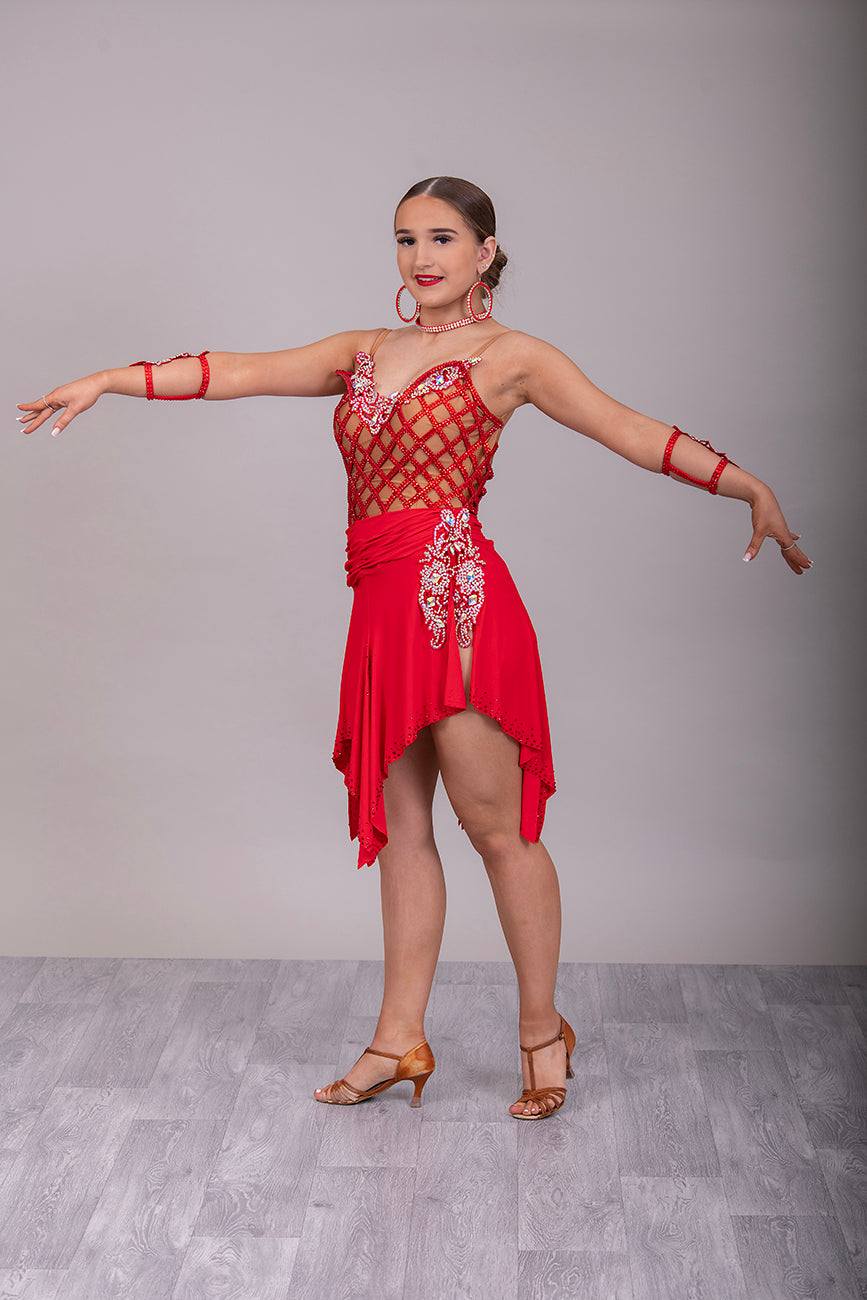 13L Red Fishnet & Flesh Competition Latin/Rhythm Dress. Heavily stoned in Light Siam & AB with decorative side panel.