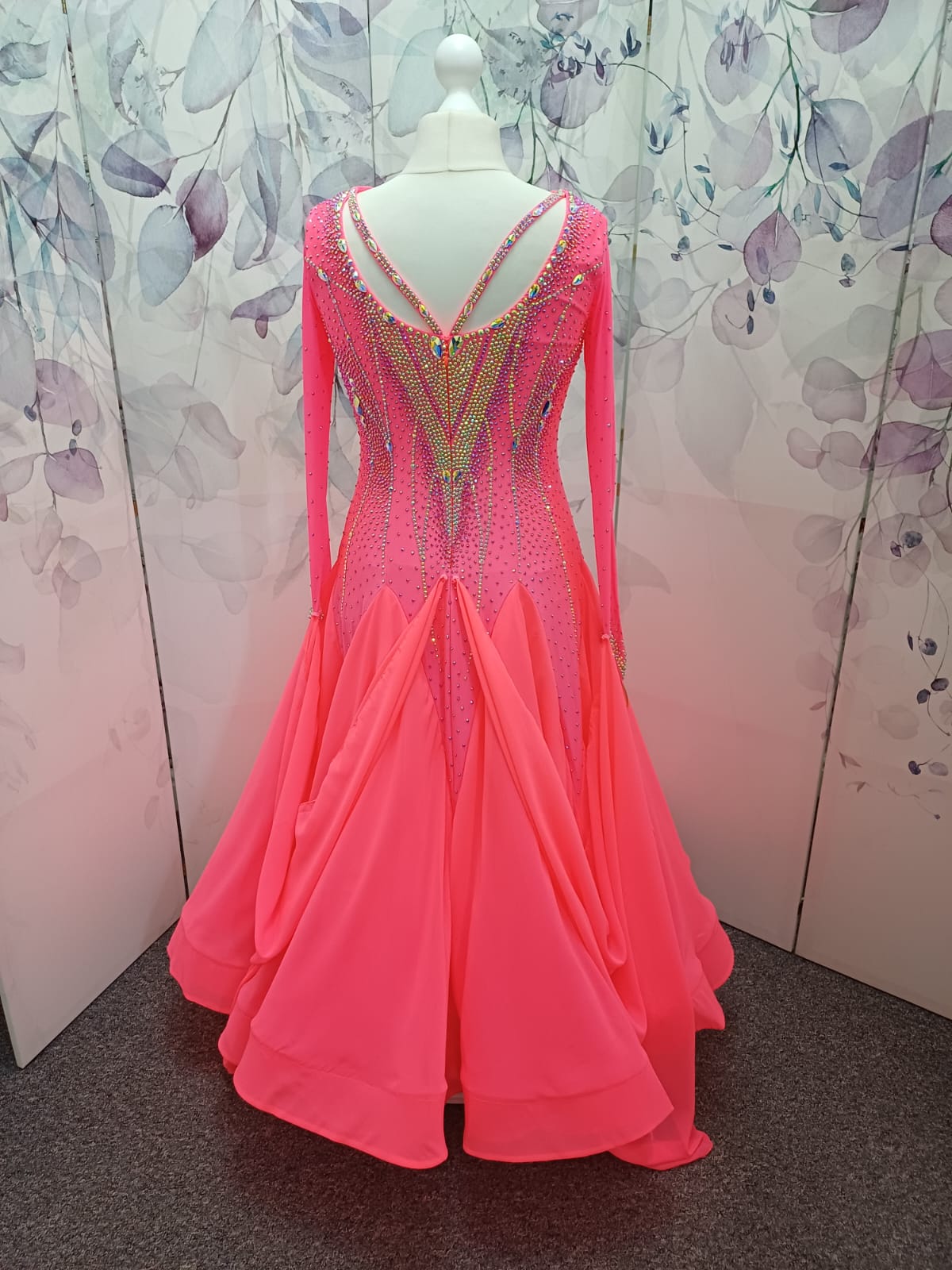 66B Coral Competition Ballroom Dance Dress. Striking decoration in AB, Coral & Coral AB. Strappy detail to upper chest & back. High back for option to wear own Bra. Detachable Floats ❤️Showroom Appointments Available❤️
