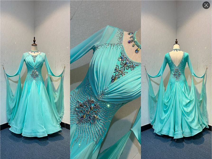 73B Pretty Mint Green Competition Ballroom Dance Dress. Stoned in AB with mesh overlay to the upper chest. Detachable Floats. ❤️Showroom Appointments Available❤️