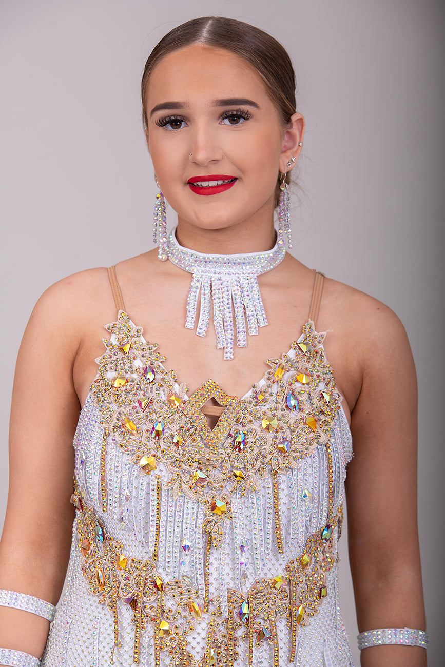 20L White & Gold Latin Competition Dance dress. White stoned Fishnet with Good Embellished detailing.