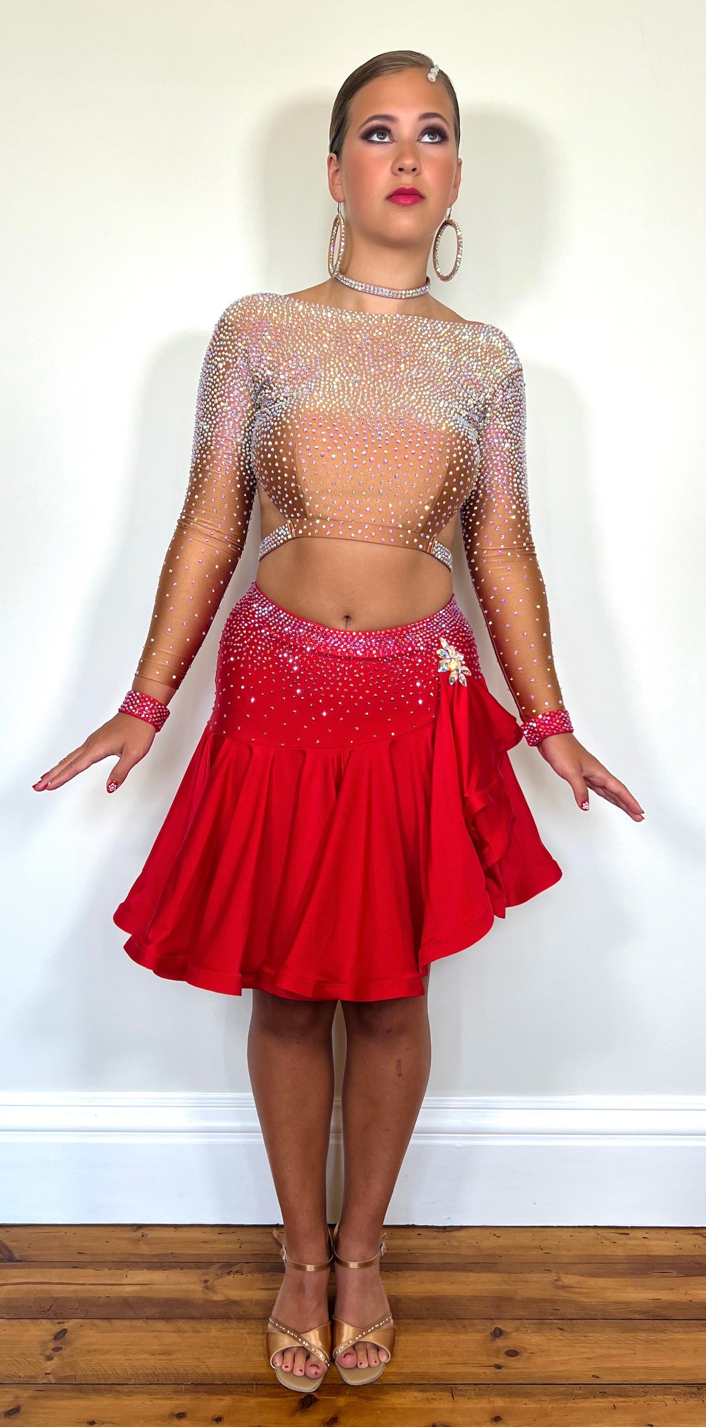 158 Red and Mid Tan Latin 2 piece. Full Skirt for stunning movement with lovely back detailing. Heavily stoned in AB and Red AB