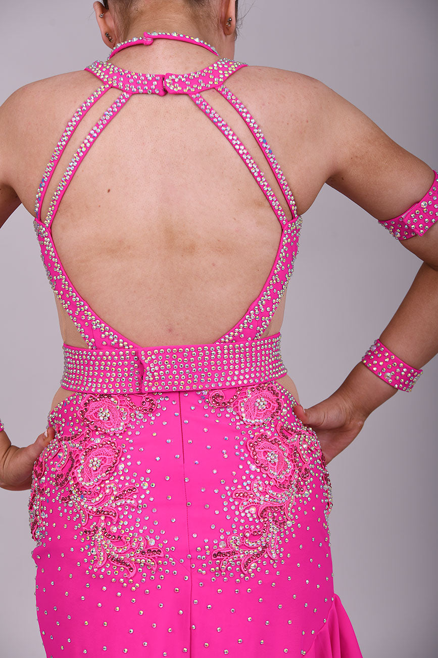 156 Flo Pink cut out Latin Dress. Full frill skirt with detachable belt. Flo pink appliqués decorated in Rose & AB stones