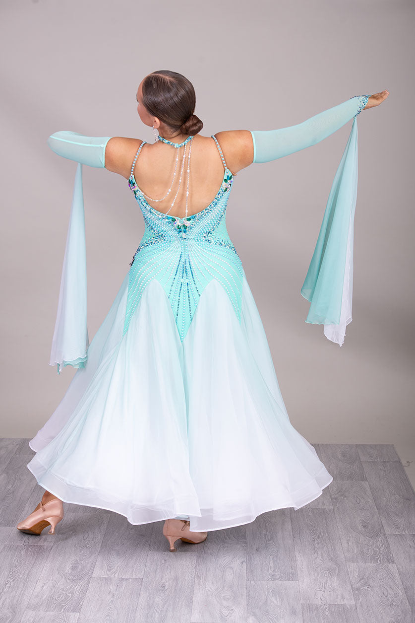 27B Aqua & White Ombre Competition Ballroom/Sequence Dance Dress. Pearls & Stones create this stunning pattern.