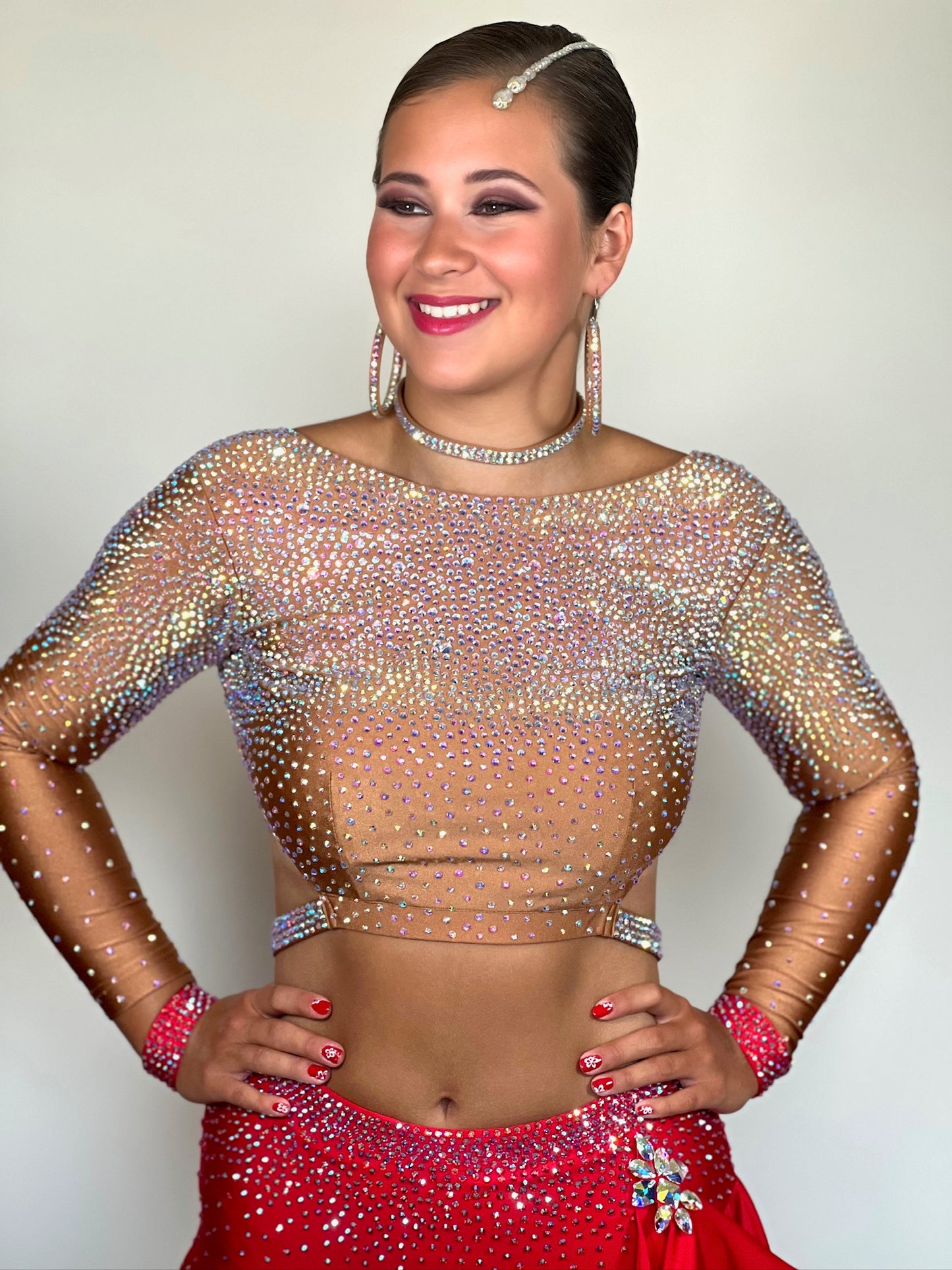 158 Red and Mid Tan Latin 2 piece. Full Skirt for stunning movement with lovely back detailing. Heavily stoned in AB and Red AB