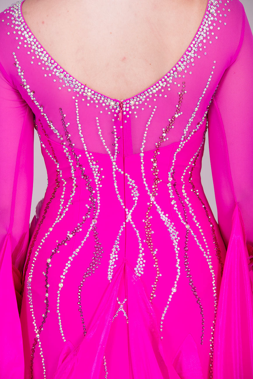 67B TWD PETITE Fuchsia Competition Ballroom/Sequence Dress
Detachable Feather Cuffs & Floats. 
Stoned in Light Rose, Rose & Fuchsia