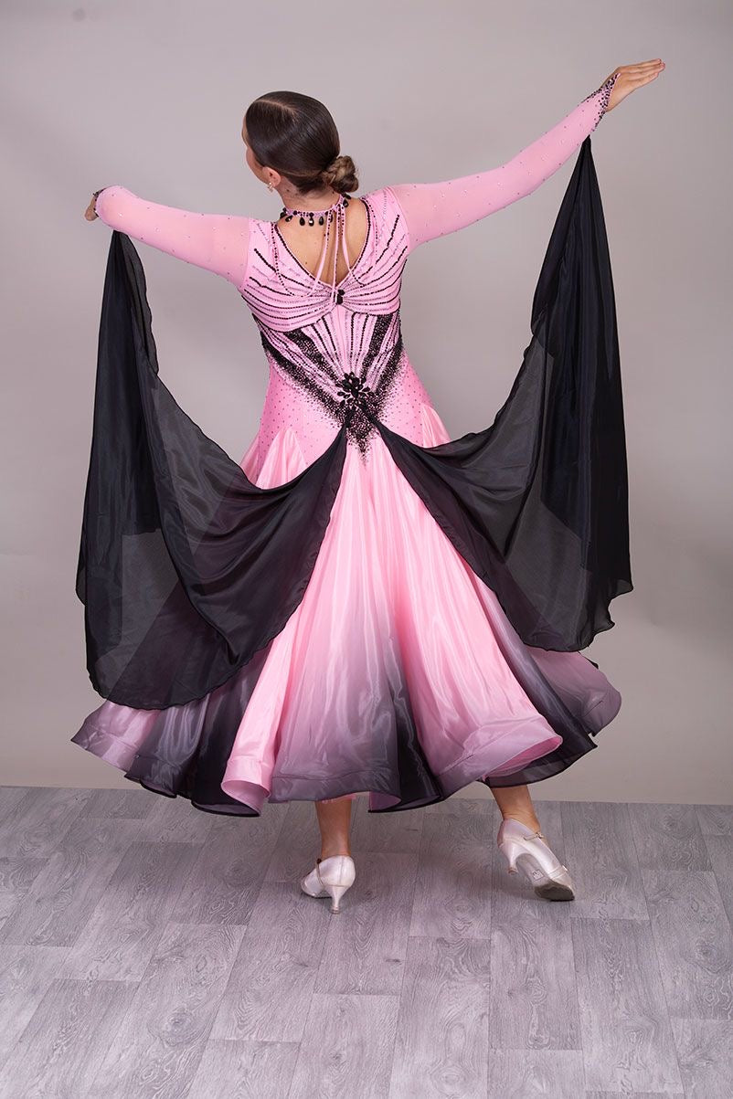33B “TWD ELITE” Absolutely Stand Out Ballroom/Sequence Competition Dance Dress. Pink & Black Ombre stoned in Jet, Light Rose & Light Rose AB. Detachable Floats.  High Back to give option of wearing own bra