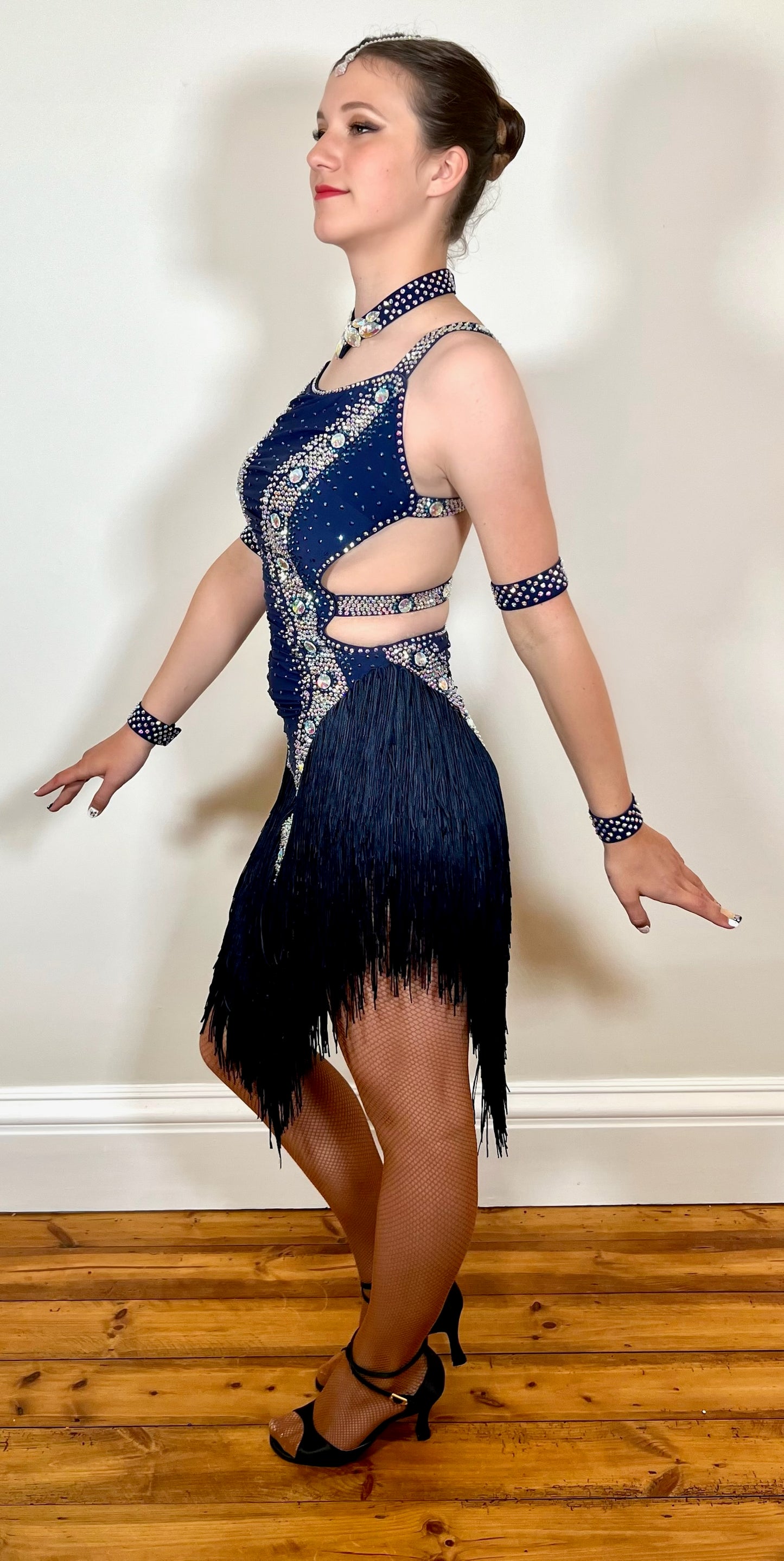 124 Navy Fringed skirt Strappy Back Latin Dress. Flattering design stoned in AB