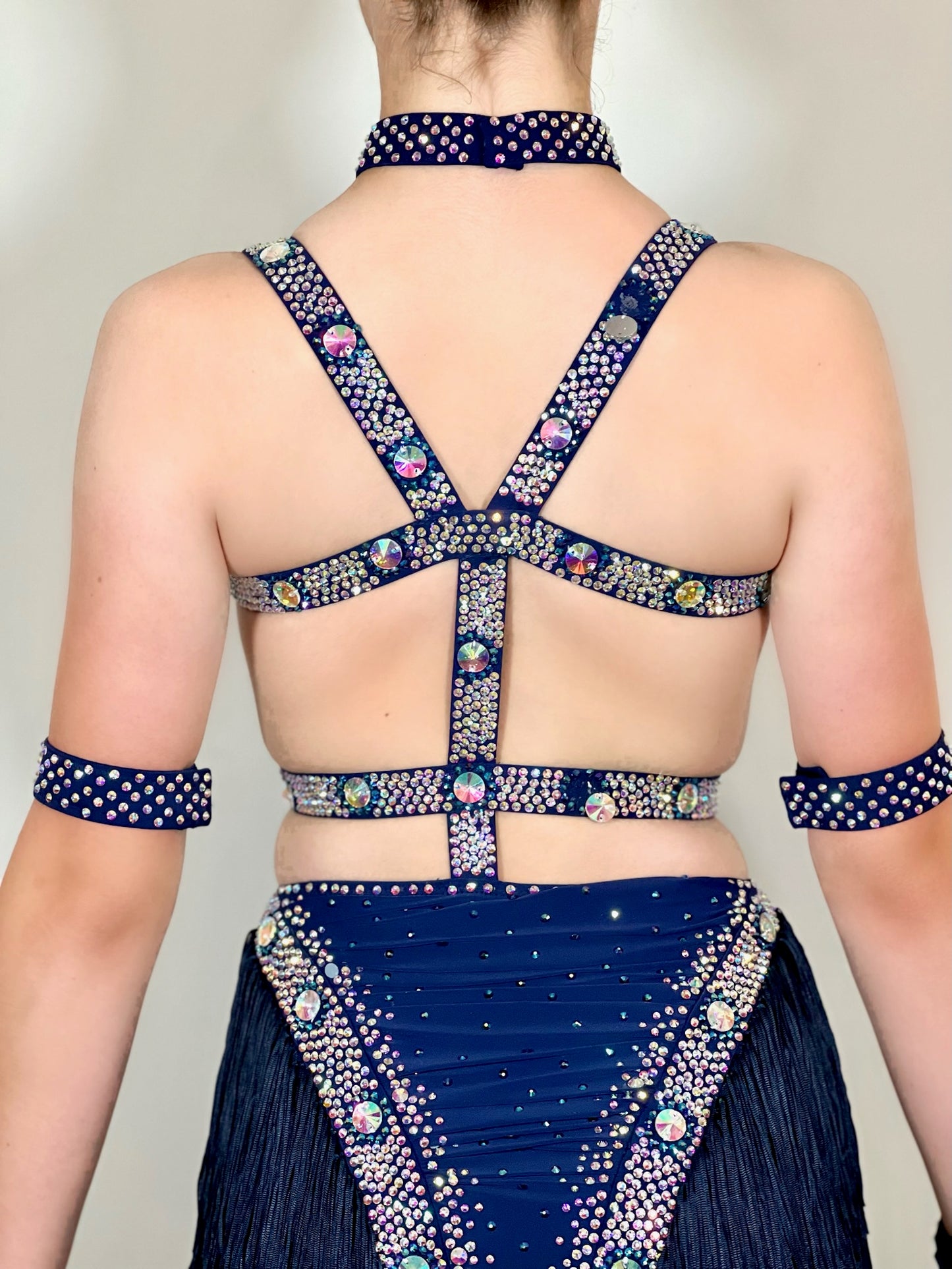 124 Navy Fringed skirt Strappy Back Latin Dress. Flattering design stoned in AB