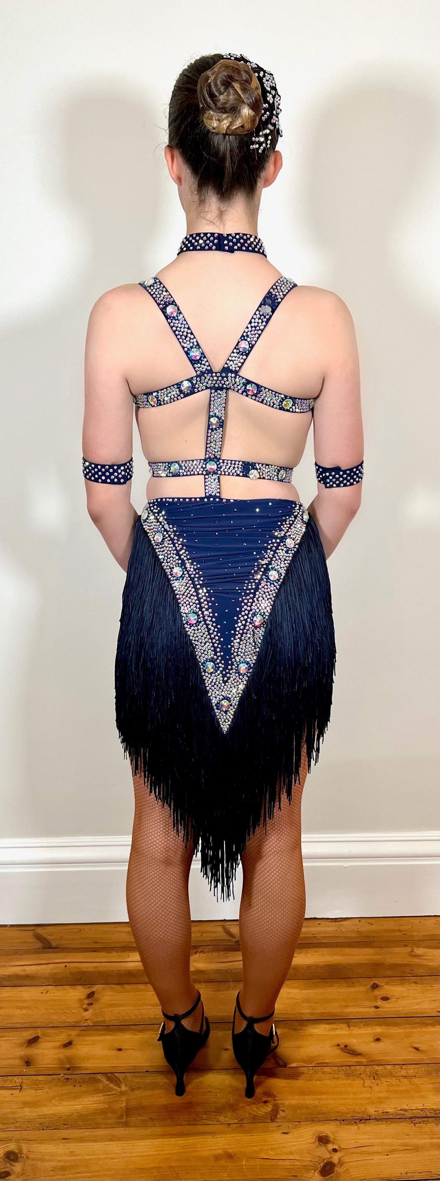 124 Navy Fringed skirt Strappy Back Latin Dress. Flattering design stoned in AB