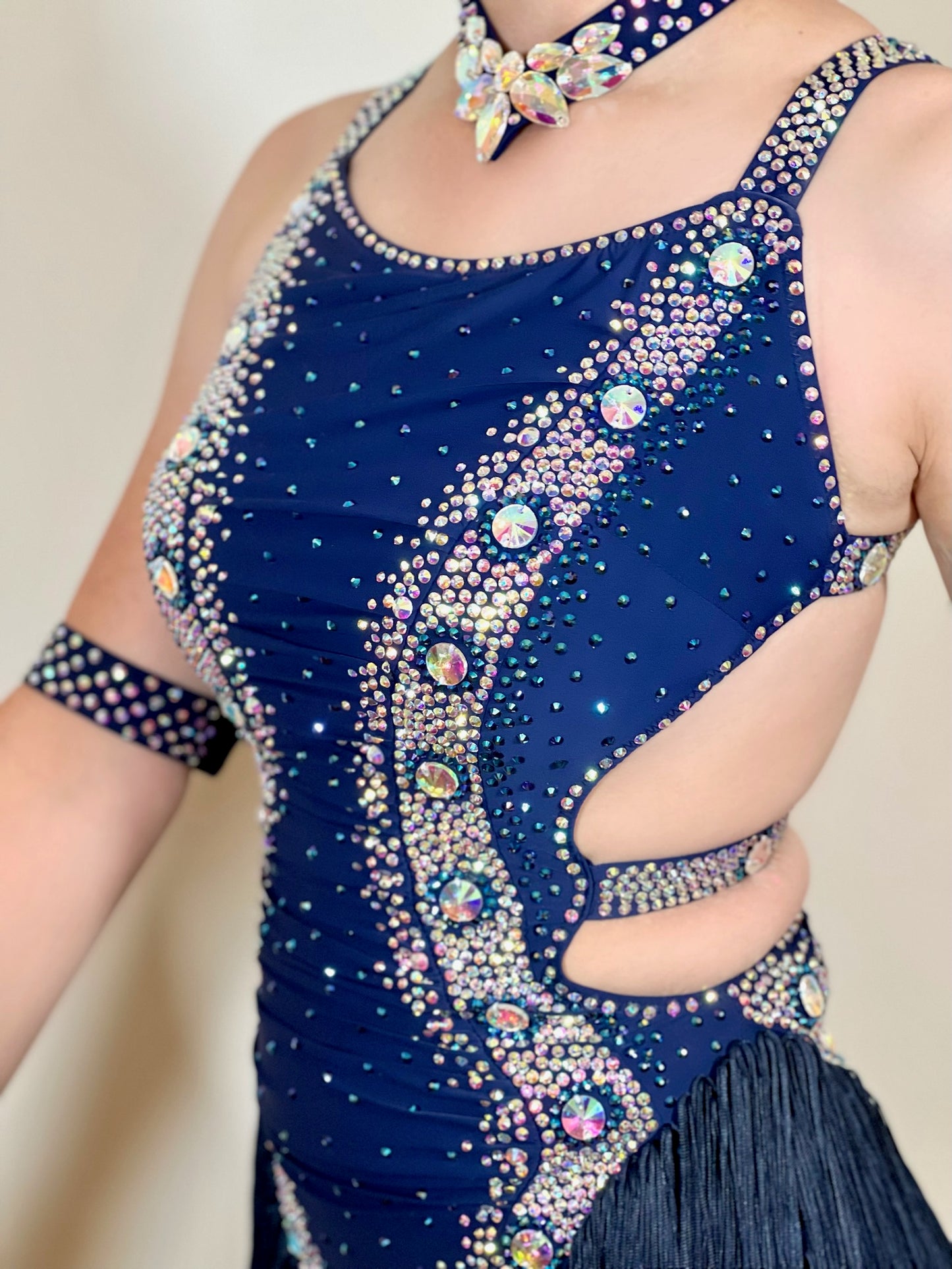 124 Navy Fringed skirt Strappy Back Latin Dress. Flattering design stoned in AB