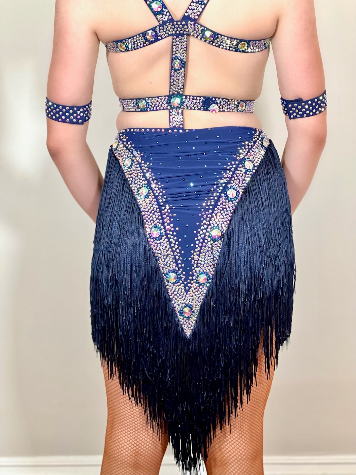 124 Navy Fringed skirt Strappy Back Latin Dress. Flattering design stoned in AB