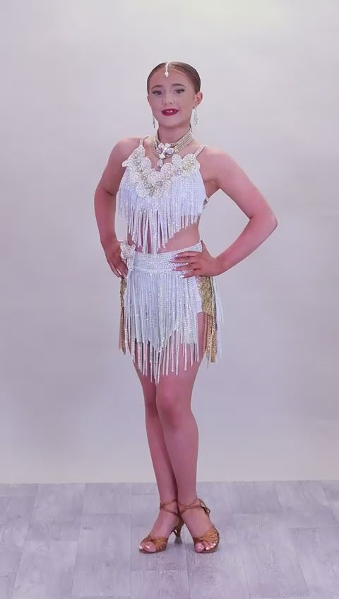 (BUDGET)4 White 2 Piece Latin Competition Dance Dress. AB & Sunshine. Fabric strips skirt in AB Comes with Necklace                                      *****Our New Budget Range are Bought in ready made Costumes, with some detail added by TWDance*****