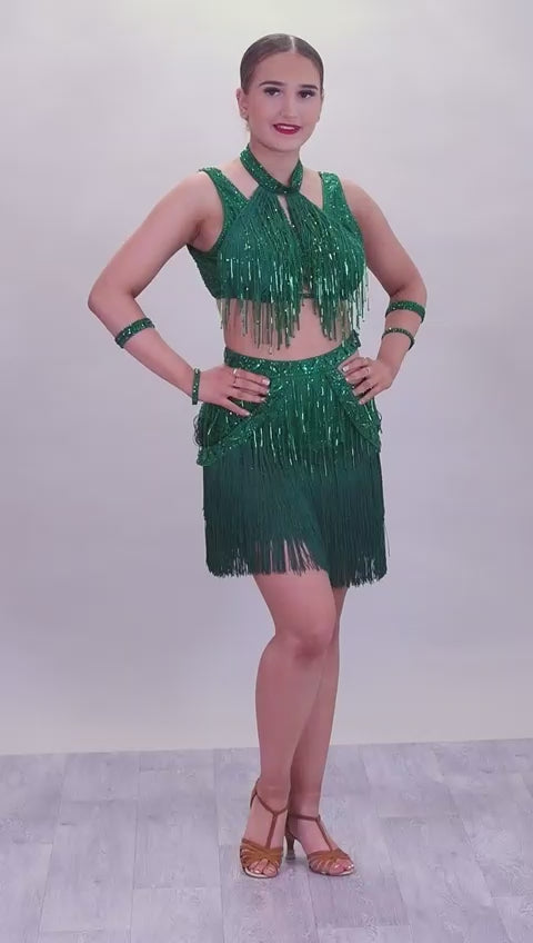 (BUDGET)7 Emerald Latin Competition Dance Dress. stoned in Emerald. droppers to chest & waist with fringe skirts.                                           *****Our New Budget Range are Bought in ready made Costumes, with some detail added by TWDance*****