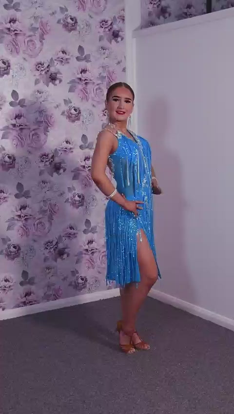 312 Paradise Blue Latin Dress with AB material stoned droppers. AB Stones with Gloves