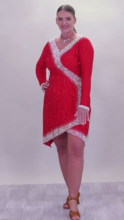305 Striking Rich Red Latin Competition Dance Dress. Very Flattering style Dress. Red bead droppers all over with Siam stones. Heavily decorated with AB