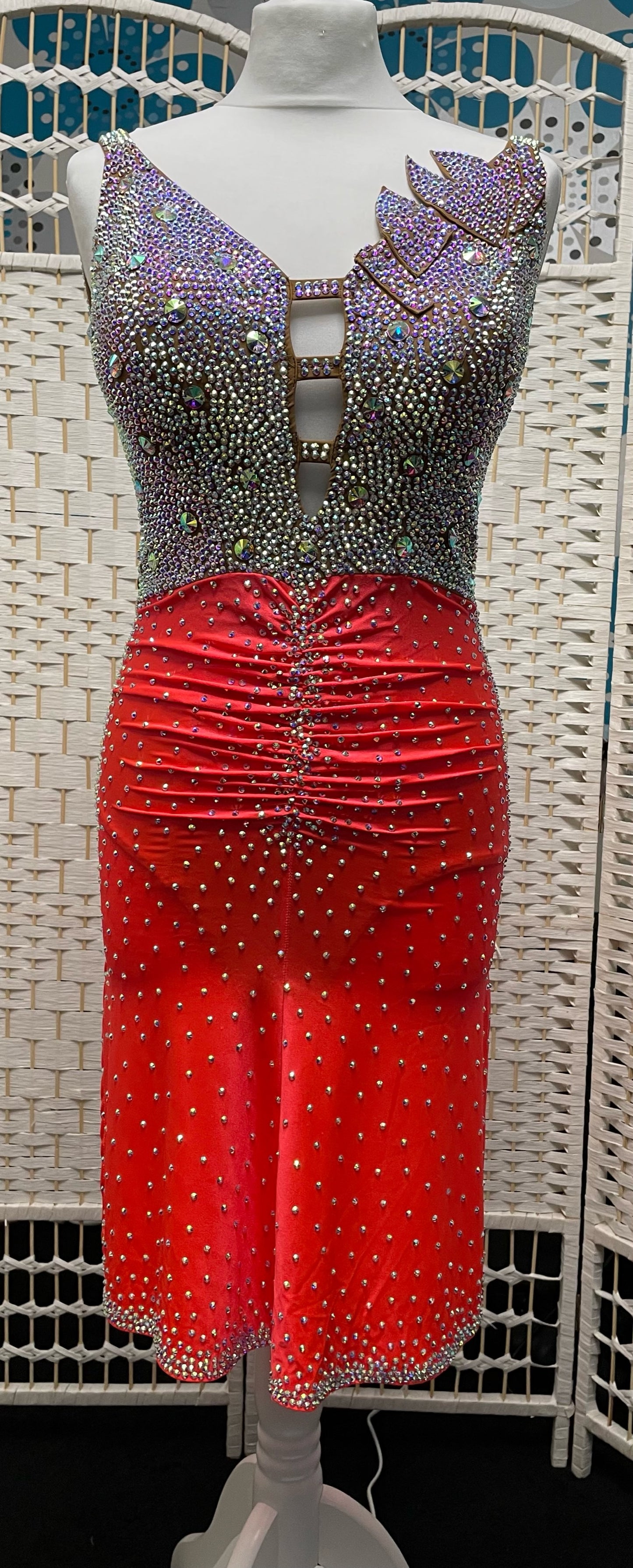 111 Dark Coral & AB stoned Latin Dress. Ruching to the front & back. Backless with detail to the chest & straps to the front neckline.