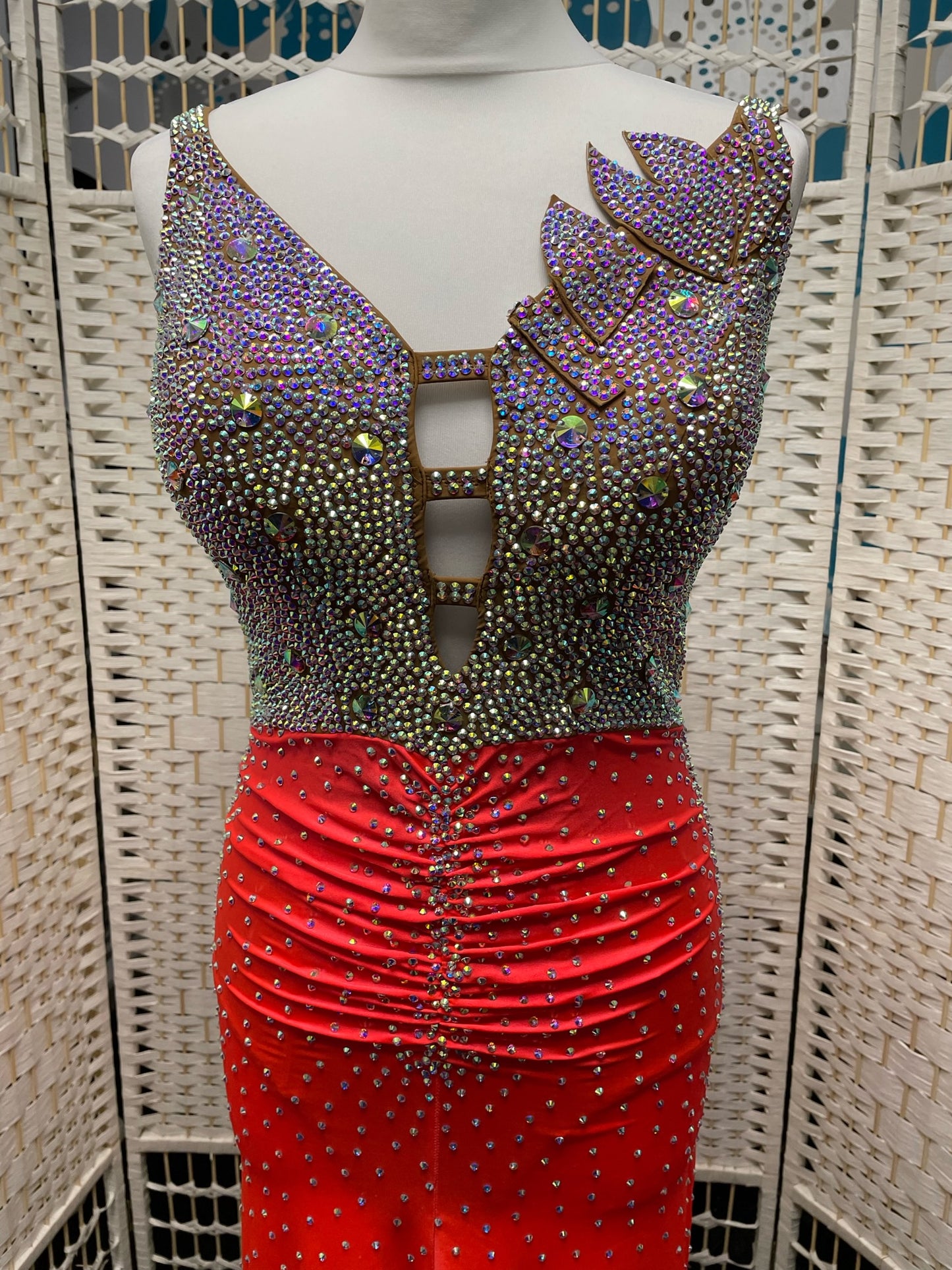 111 Dark Coral & AB stoned Latin Dress. Ruching to the front & back. Backless with detail to the chest & straps to the front neckline.
