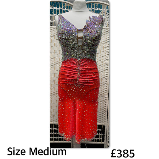 111 Dark Coral & AB stoned Latin Dress. Ruching to the front & back. Backless with detail to the chest & straps to the front neckline.