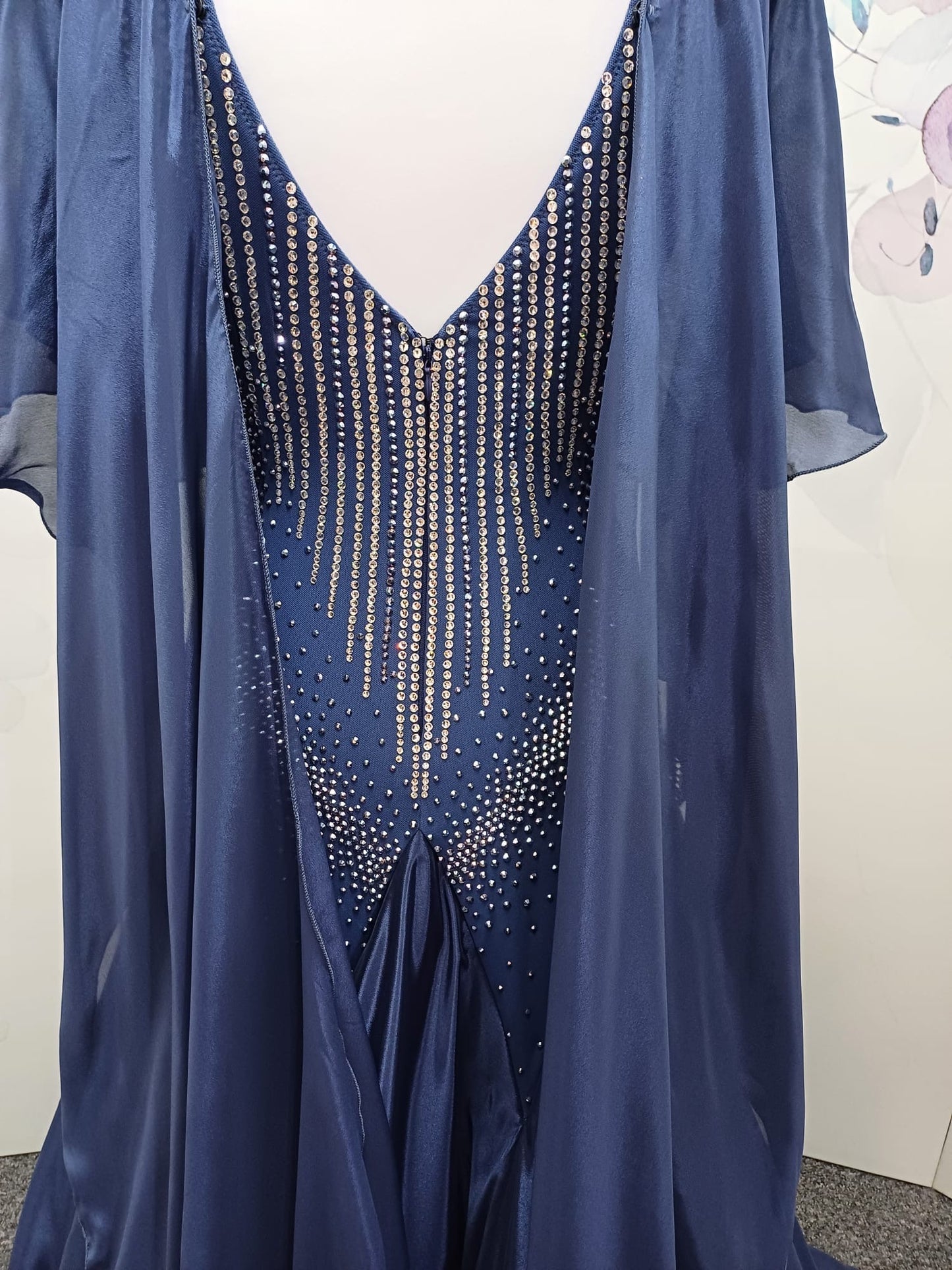 20B Blue/Grey/Steel Coloured Ballroom/Sequence Competition Dance Dress. Cape Detail to front & Shoulders. Stoned in Crystal & Blue Lotus Purple