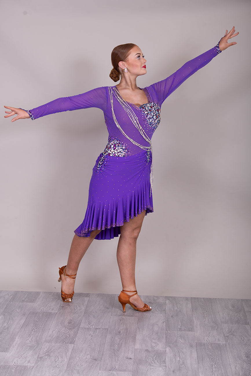 116L Stand Out Purple Competition Latin Dance Dress. Hanging strap detail to the front with stone detail in Purple velvet, AB & light amethyst AB.  High Back to give option of wearing own bra