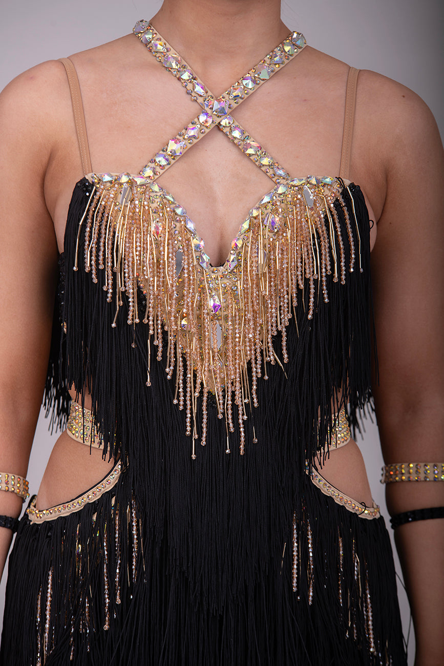 (BUDGET)3 Black & Gold Latin Competition Dance Dress. Full Fringed Skirts. Comes with optional belt & Bracelets                                     *****Our New Budget Range are Bought in ready made Costumes, with some detail added by TWDance*****