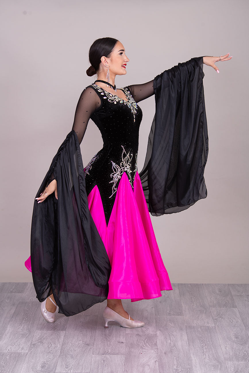49B Striking Black Velvet & Pink Competition Ballroom Dance Dress. Beautiful stoning pattern in AB & jet. High back giving option to wear own bra. ❤️Showroom Appointments Available❤️