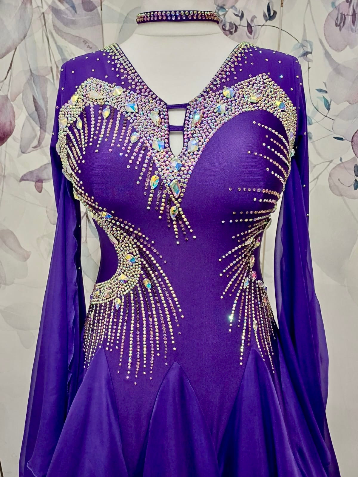 040 Cadbury Purple Competition Ballroom Dance Dress. Flattering & Stunning stoning design throughout in AB. Detachable floats