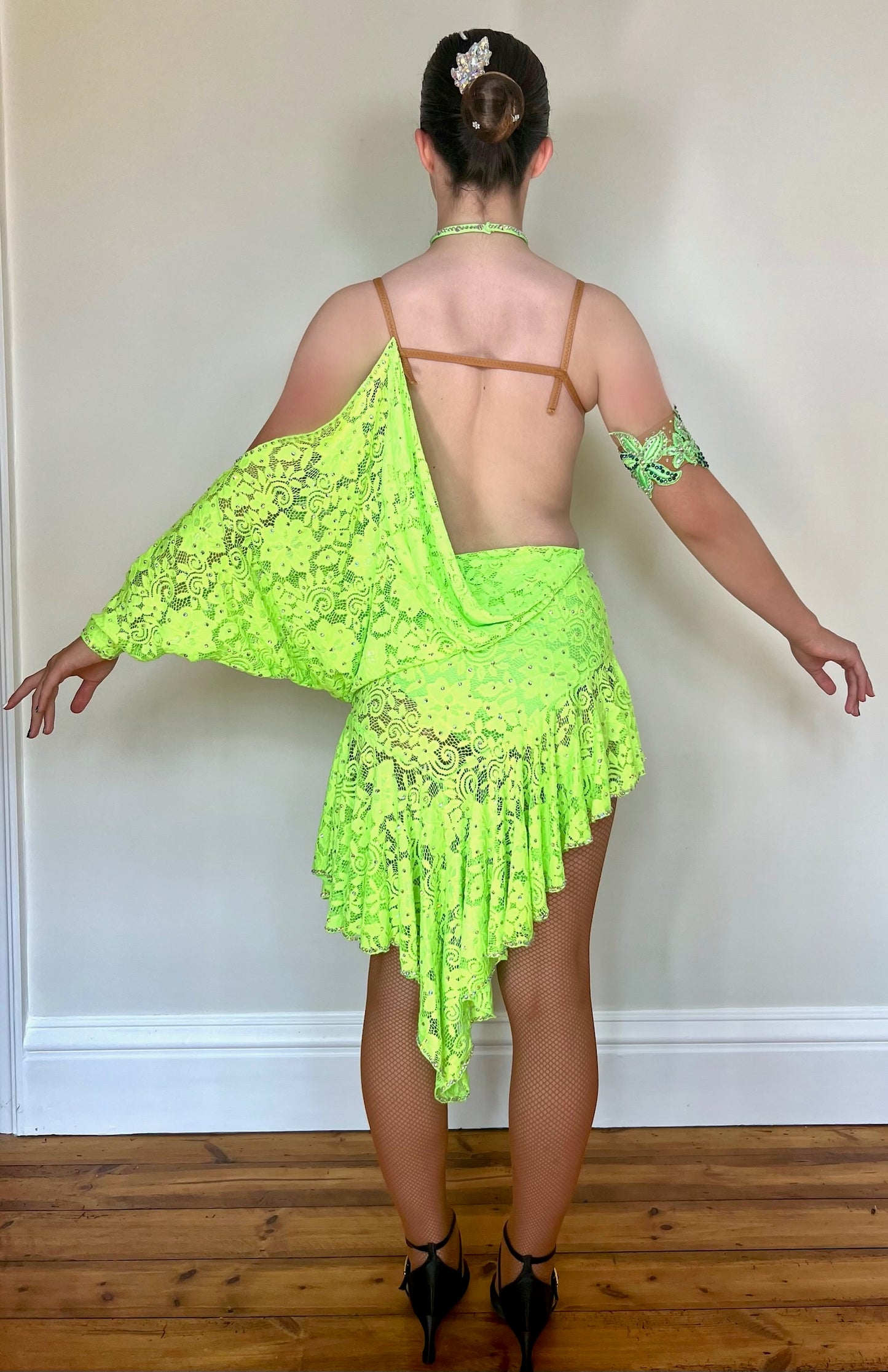 096 Flo Green full sleeve all over lace Latin Dress. Decorated in green & AB stones.u
