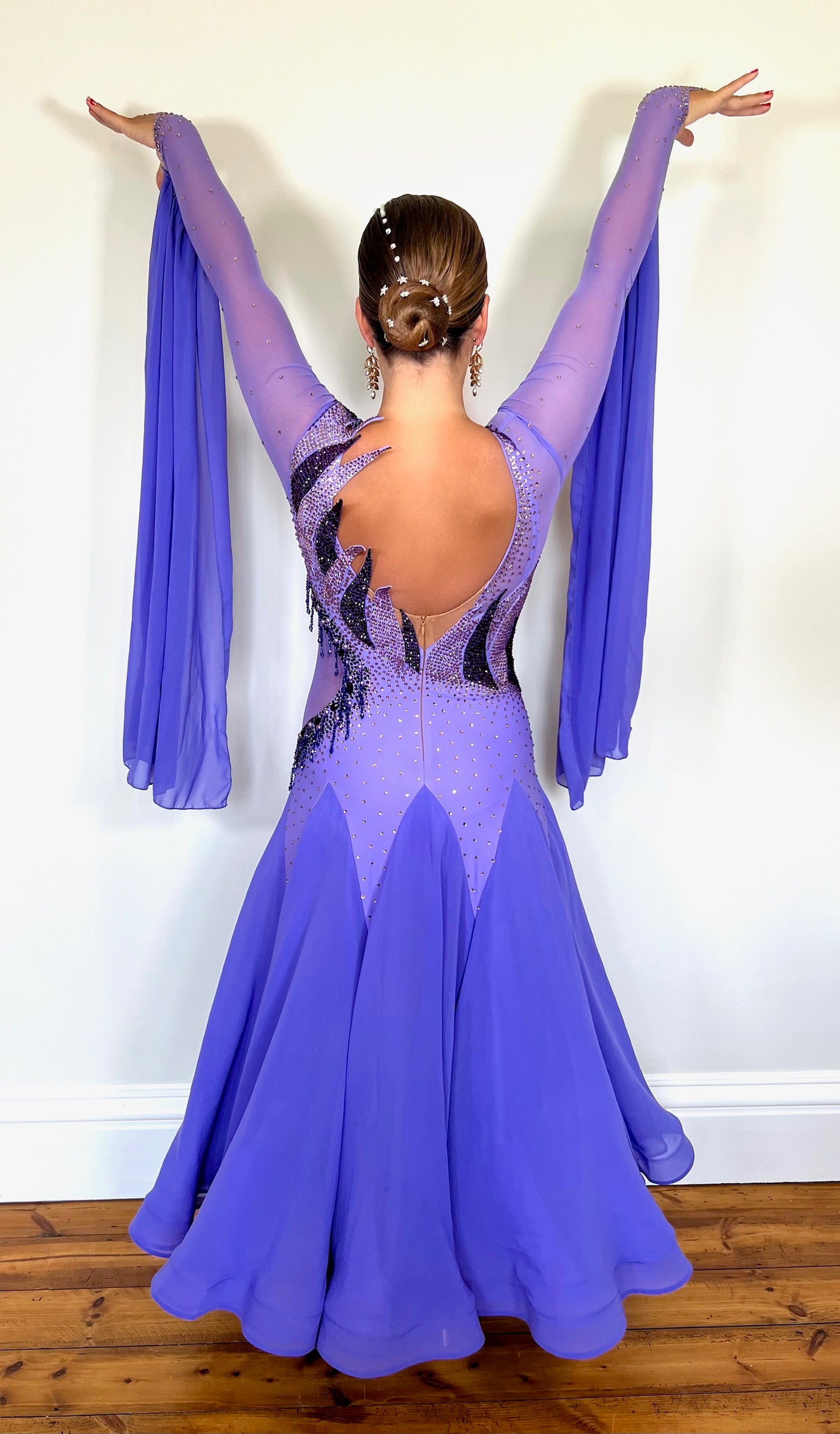 128 Lilac Ballroom Dress with detachable floats. Detailing to the front chest & Back stoned in Amethyst, Light Amethyst & Purple