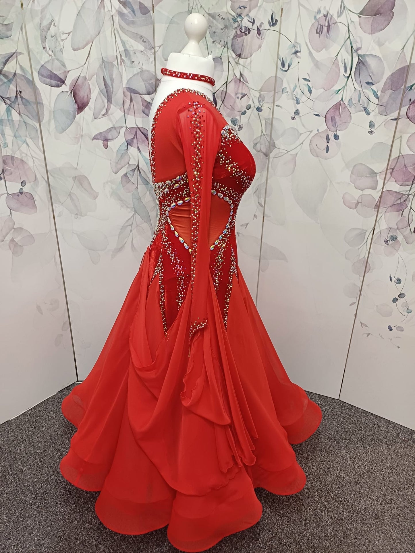 055 Red Competition Ballroom Dance Dress. Red Velvet Panels to the bodice. Heavily decorated in Siam & AB