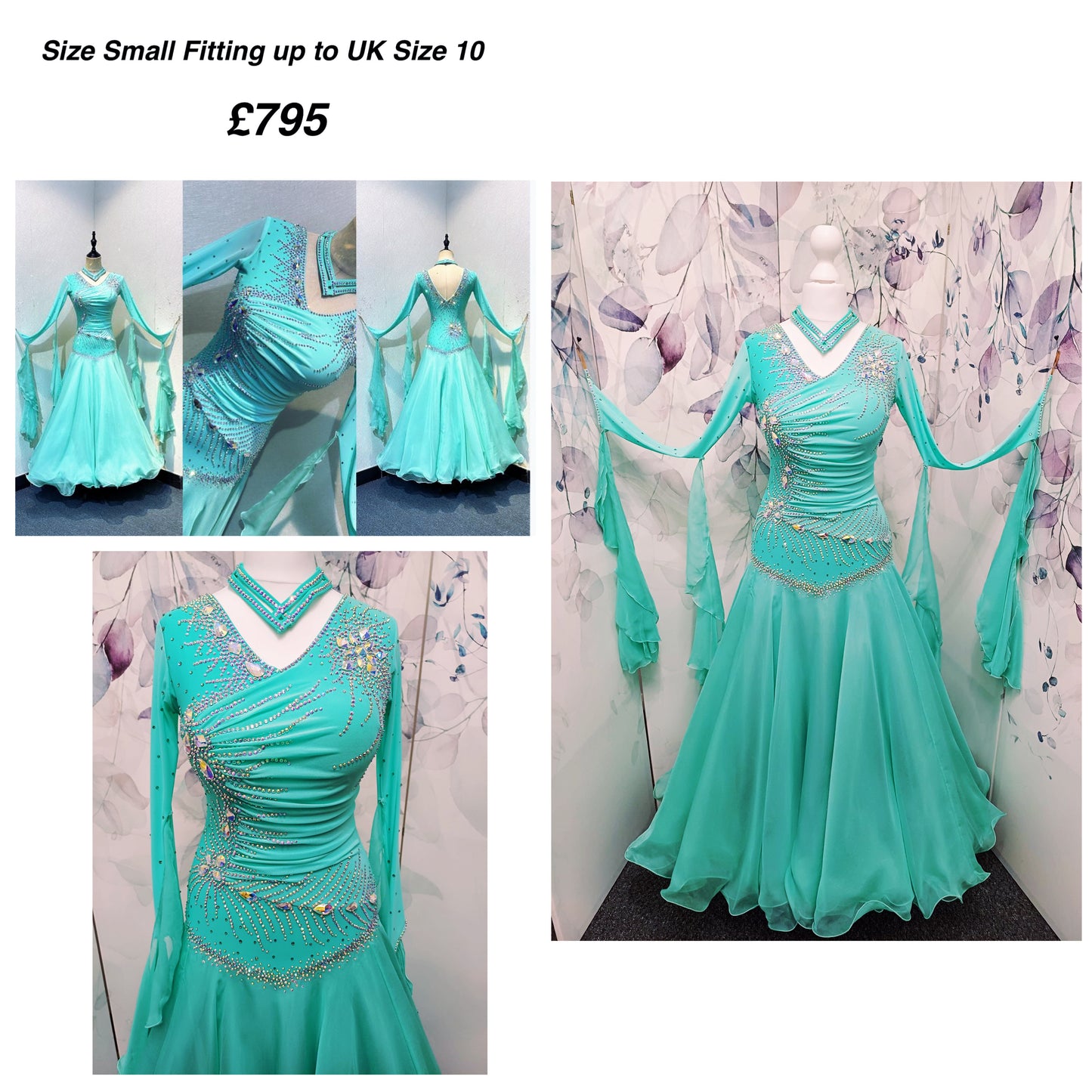 051. Stunning Mint Green Competition Ballroom Dance Dress. Heavily stoned in AB with Mesh detailing to the front. Detachable floats