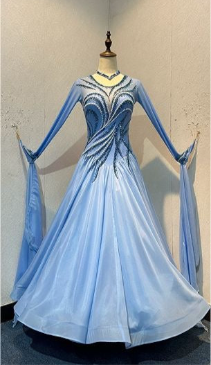 60B TWD ELITE Sky Blue Competition Ballroom/Sequence Dance Dress. New Fuller skirts & Underskirts. Beautiful patterning in Light Sapphire, AB & Light Sapphire AB with White Pearls. Narrow keyhole back. Detachable floats.❤️Showroom Appointments Available❤️