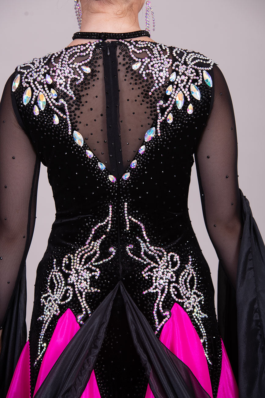 49B Striking Black Velvet & Pink Competition Ballroom Dance Dress. Beautiful stoning pattern in AB & jet. High back giving option to wear own bra. ❤️Showroom Appointments Available❤️