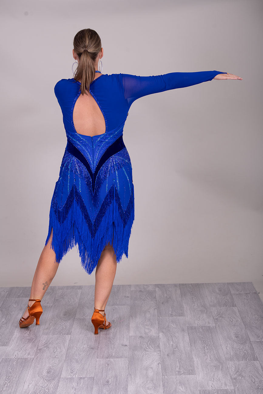 119L TWD ELITE Royal Blue Latin Competition Dance dress. Absolutely Stunning stoned in Sapphire & Light Sapphire with bead dropper fringe and tassel fringe for maximum movement.