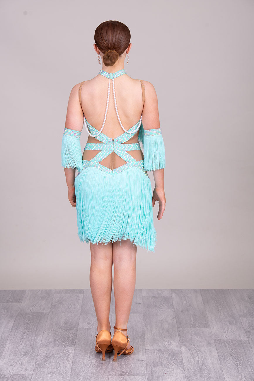(BUDGET)8 Icey Blue Latin Competition Dance Dress. stoned AB & pearls. Flower to chest & hip, fringe skirts.                                           *****Our New Budget Range are Bought in ready made Costumes, with some detail added by TWDance*****