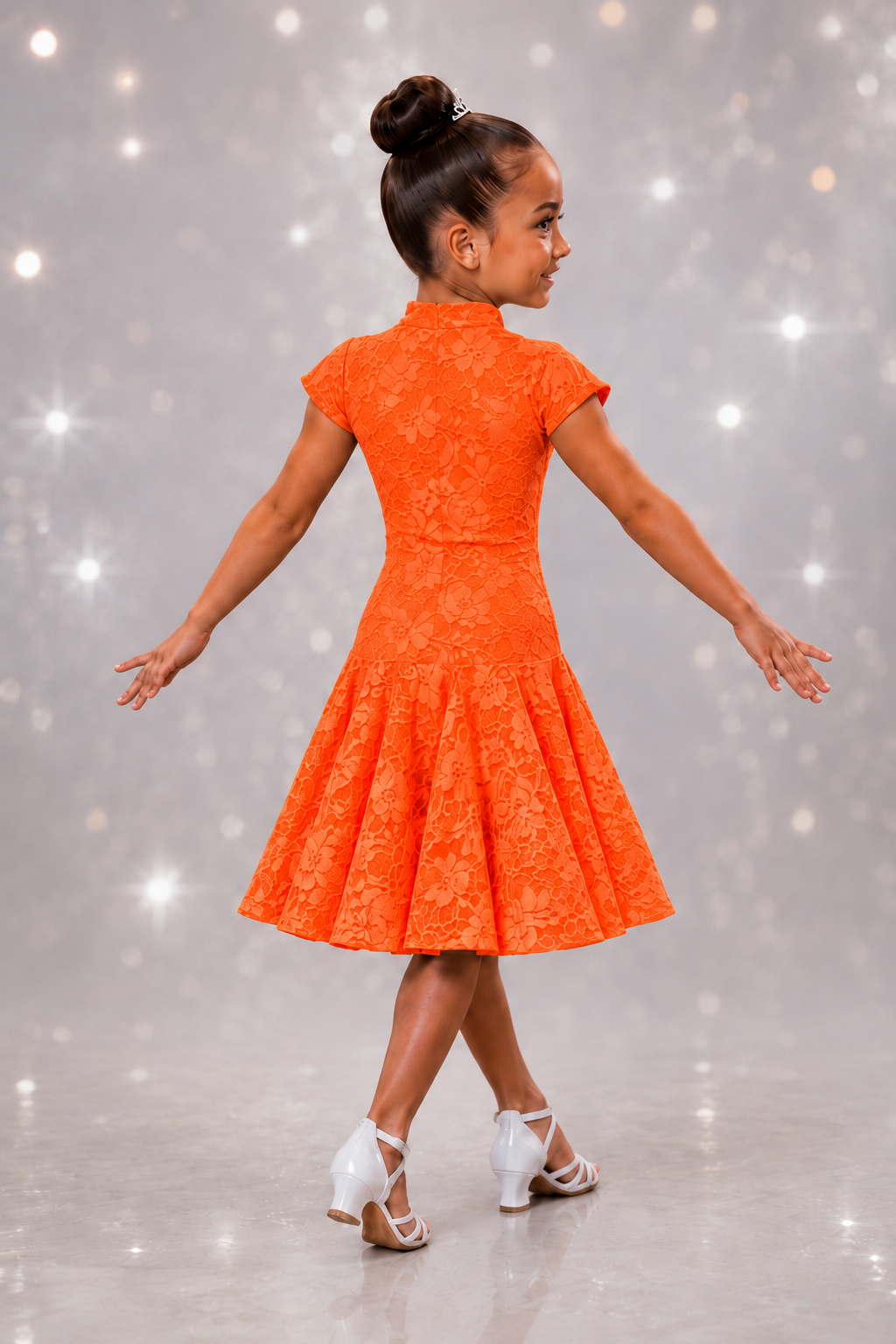 139J Bright Orange Lace 1 Piece Latin Dress. Competition Number Wallet & Decorative Pins & Matching Hair Flower **Everything included in Price when full set purchased** (Copy)