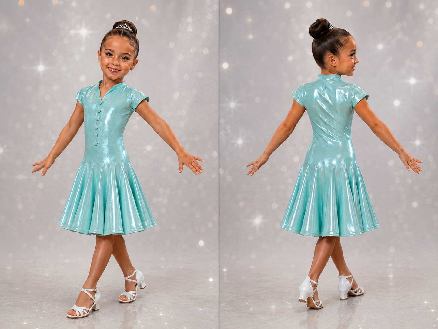 103J Metallic Pale Green 1 Piece Latin Dress. Competition Number Wallet & Decorative Pins & Matching Hair Flower **Everything included in Price when full set purchased**