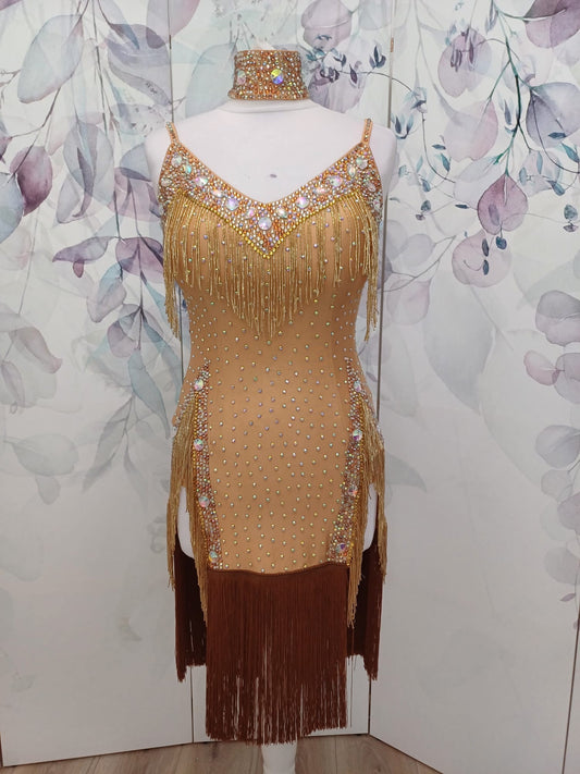049 Light Good & Chocolate Fringed Latin Dress. Bugle beading detail to the chest & hips. Stoned in Aurum, smoked topaz & sunshine.