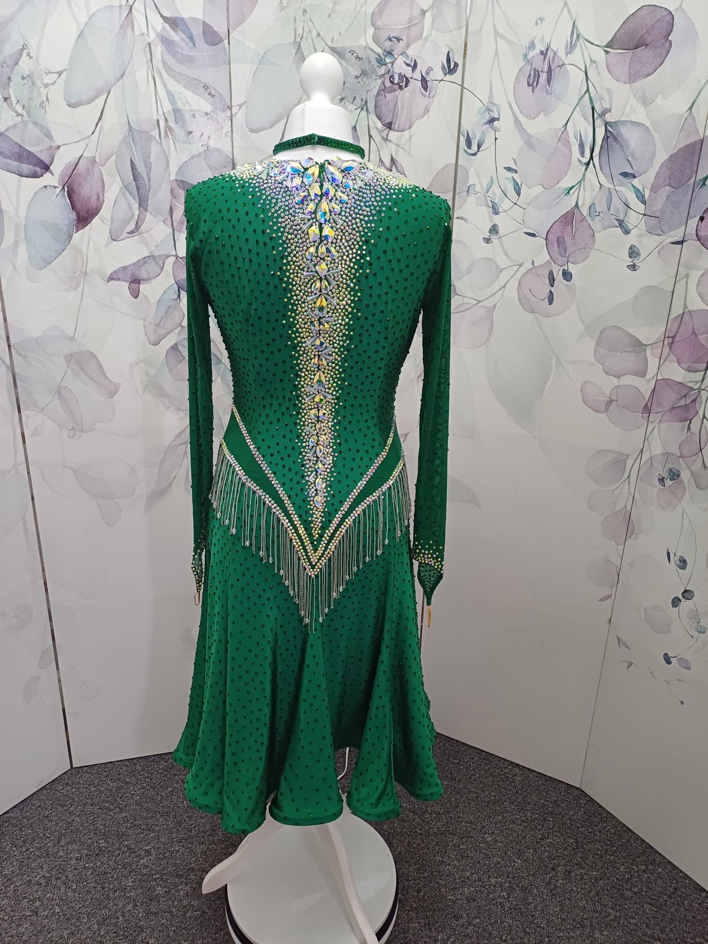 113L Jade Green Competition Latin Dance Dress. Super Full skirts. Heavily stoned in a very flattering design in AB & Emerald with Bead droppers.  High Back to give option of wearing own bra