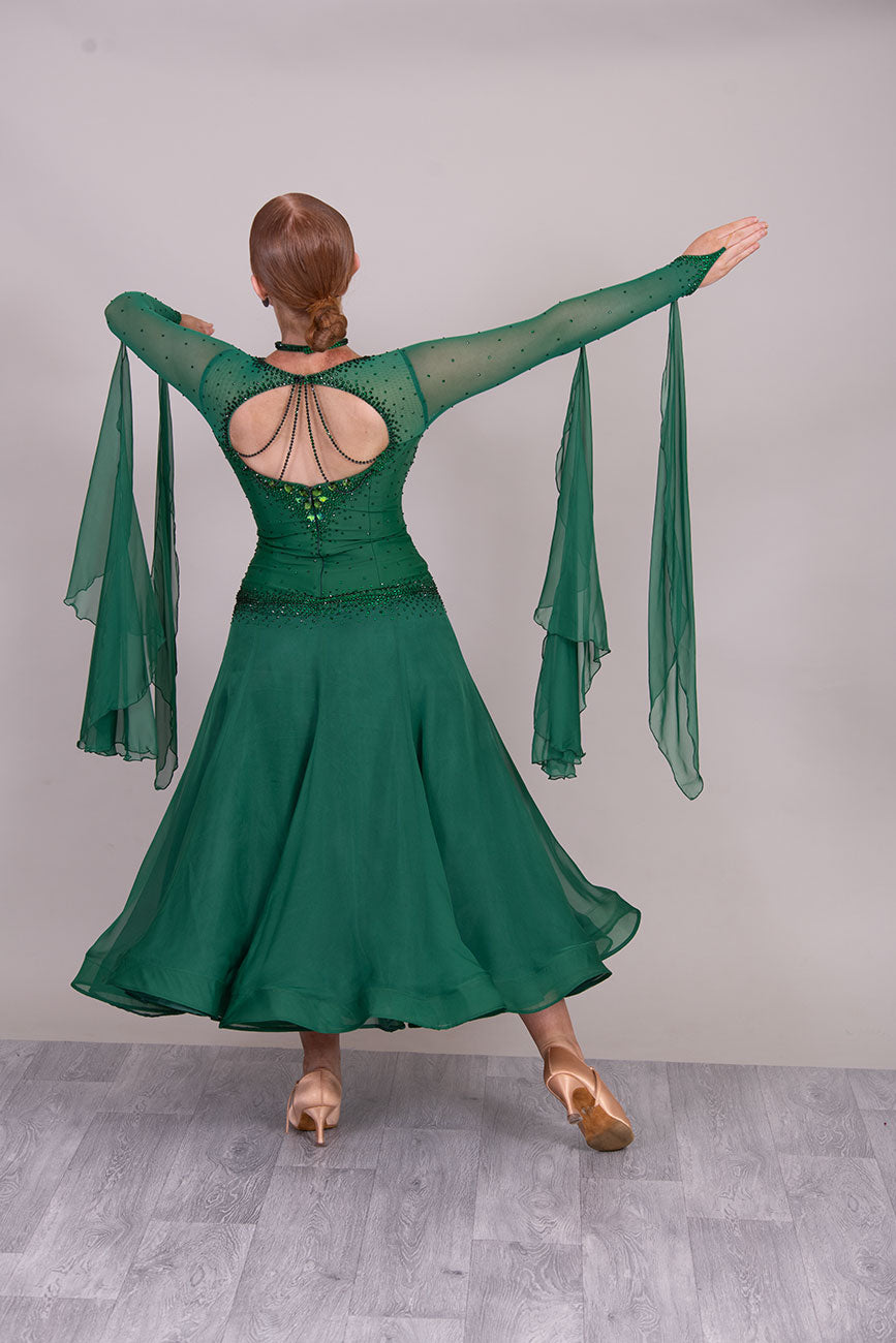 45B TWD PETITE Emerald Green Competition Ballroom/Sequence Dress. Hanging detail to the back. Heavily Stoned in Emerald  ❤️Showroom Appointments Available❤️