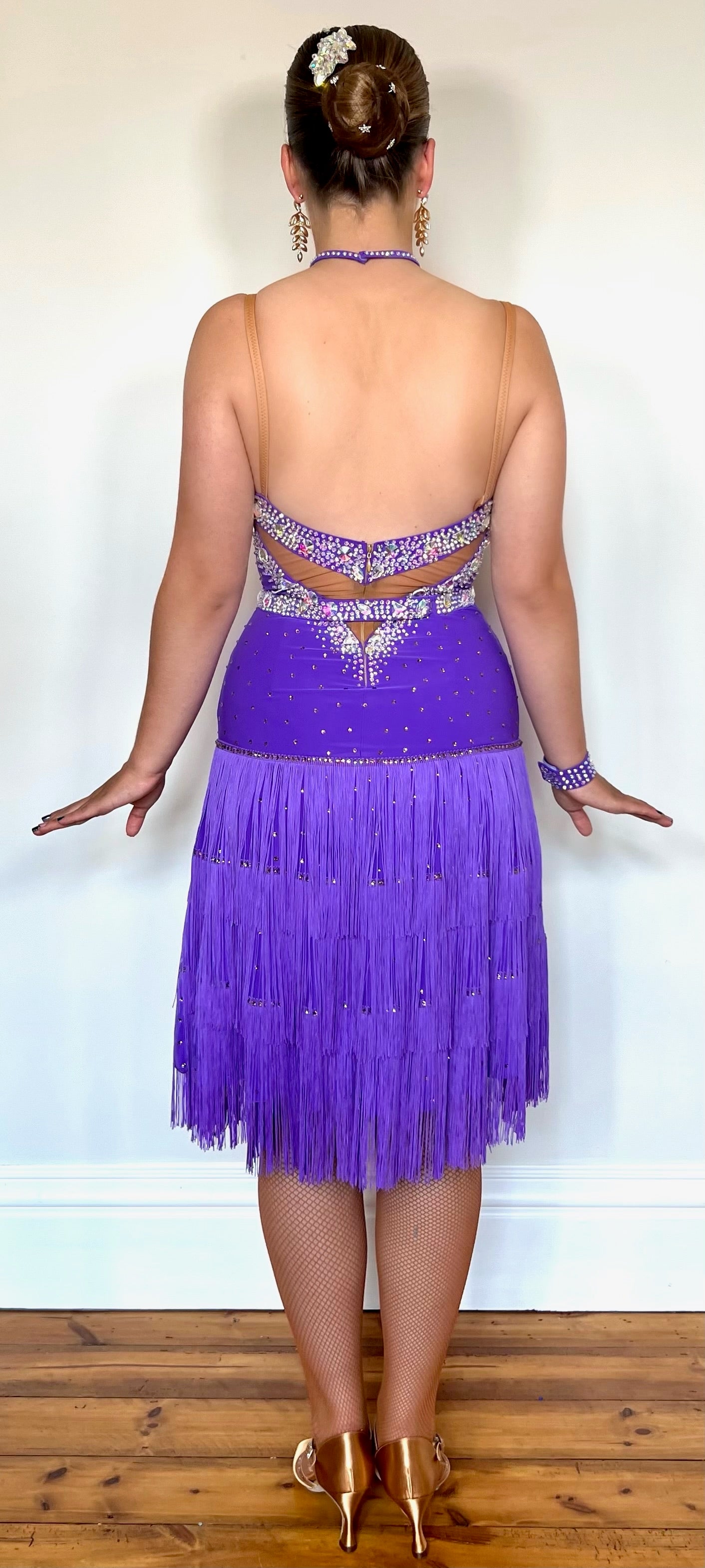 024 Cadbury Purple Fringed skirt Latin Dress. Detachable belt. Stoned in AB stones with tan panel to the chest.