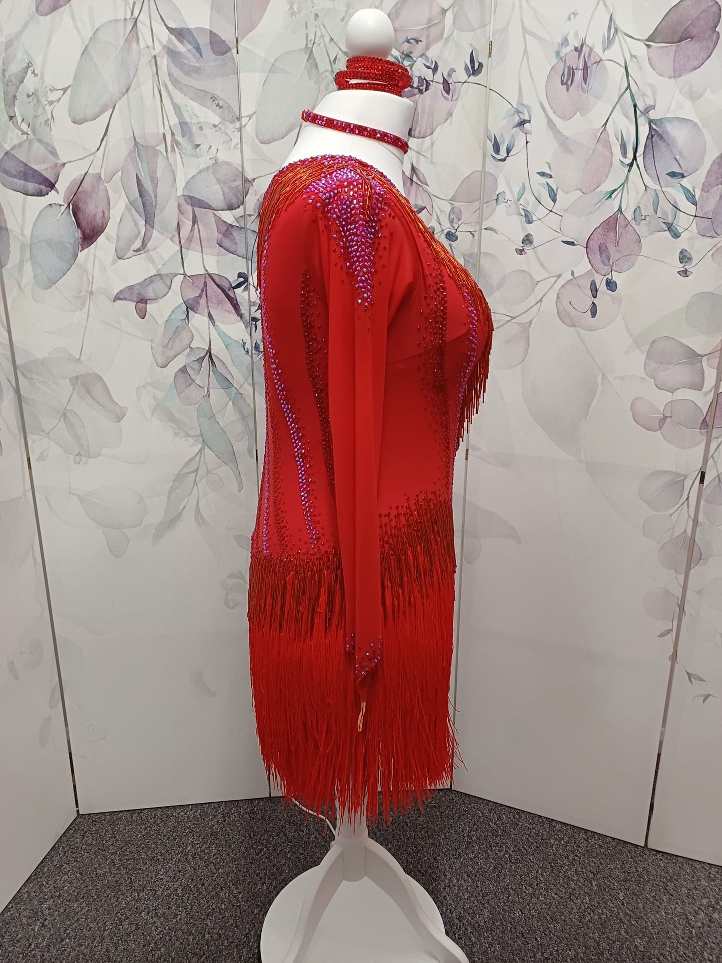 01170 Red Competition Latin Dance Dress. Red Fringe & Bead Droppers heavily stoned in Siam & Siam AB with Keyhole back feature