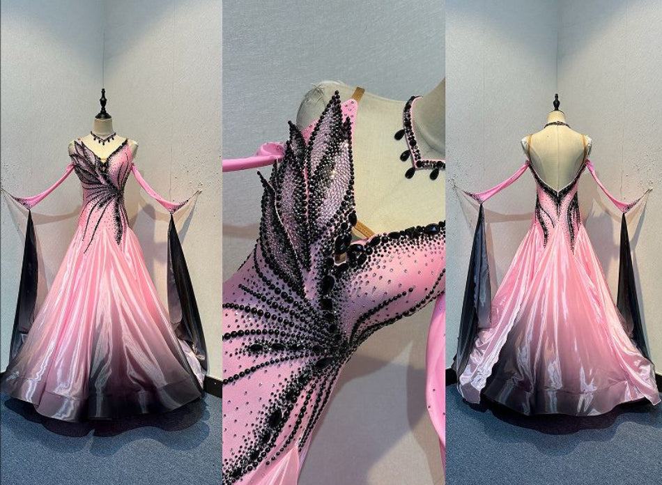 21B Striking Pink & Black Ombre Ballroom/Sequence Competition Dance Dress. 3D decoration to bodice with detail to the waist & hips. Stoned light rose, jet & jet hematite.